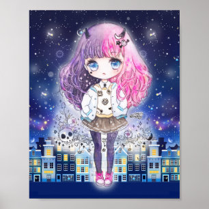 Pôster Menina bonito do chibi em uma cidade das estrelas