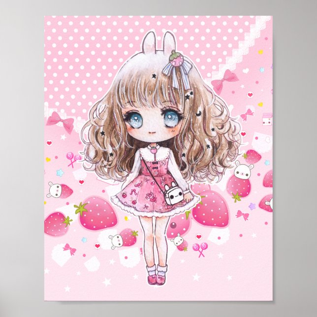 Poster Menina branca de chibi com morangos kawaii (Frente)