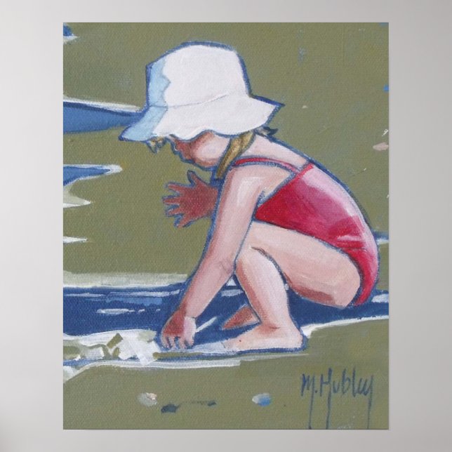 Poster Menina com chapéu na praia com ondas (Frente)
