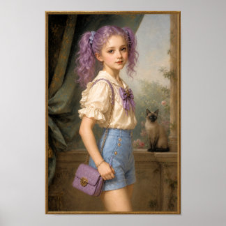 Poster Menina com cor roxa e gato siamês