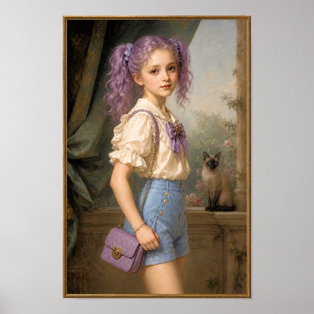 Poster Menina com cor roxa e gato siamês (Frente)