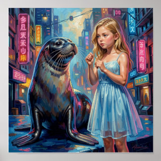 Poster Menina com Foca em Neo-Impressionista Hiper-Realis