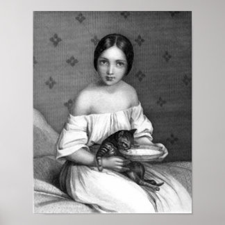 Pôster Menina com gatinho e tigela de leite