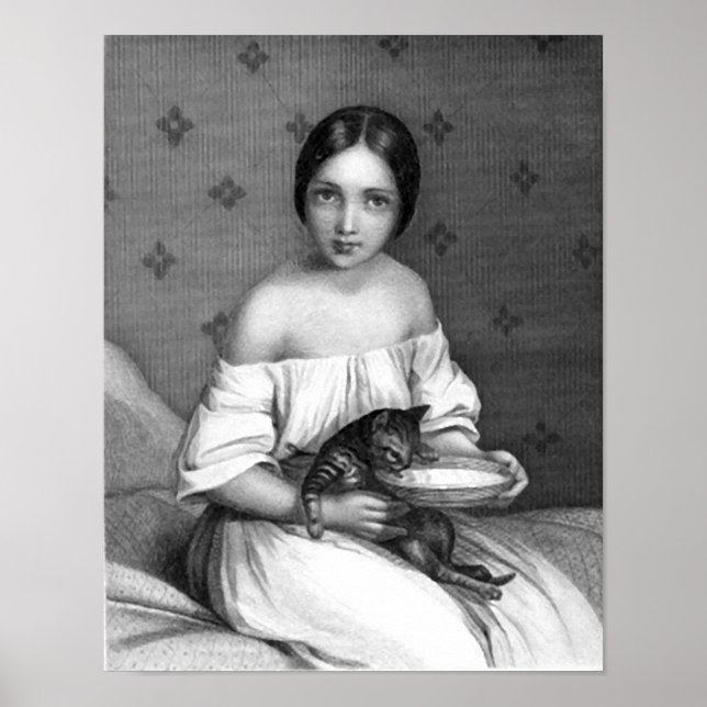 Pôster Menina com gatinho e tigela de leite (Frente)