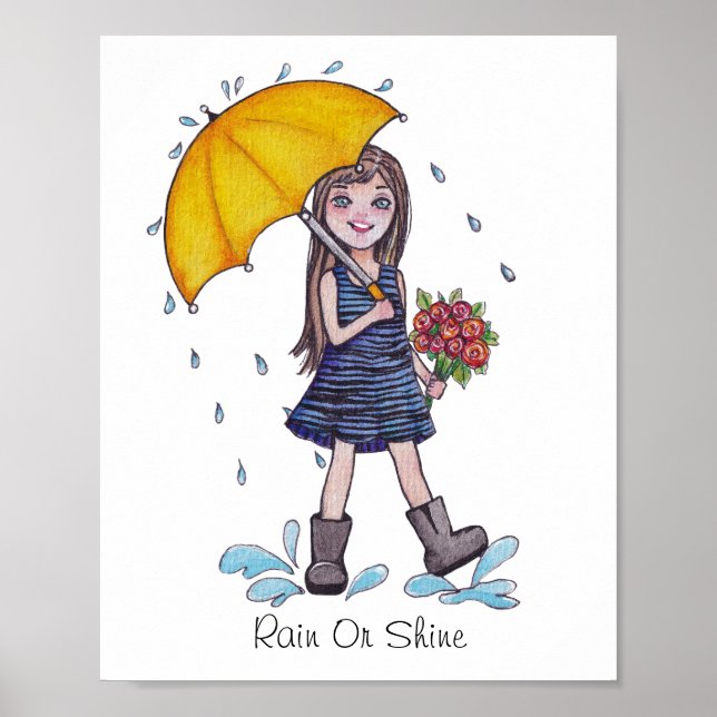 Poster Menina Com Guarda-Chuva Amarelo Em Aquarela (Frente)