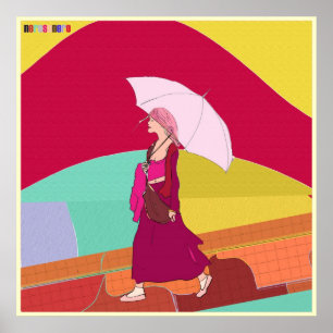 Pôster Menina com guarda-chuva cor-de-rosa