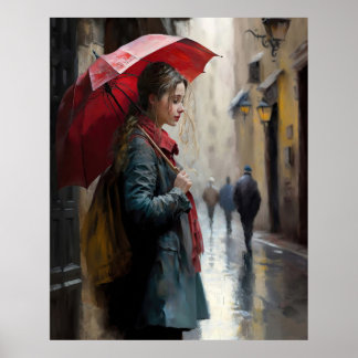 Poster Menina com guarda-chuva vermelha nas ruas de Paris