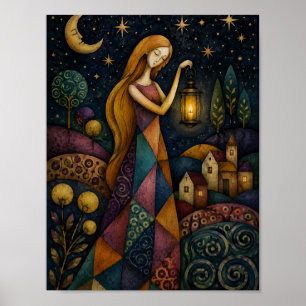 POSTER MENINA COM LANTERNA SOB O CÉU ESTRELADO AZUL
