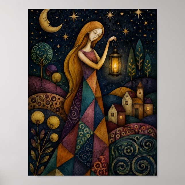 POSTER MENINA COM LANTERNA SOB O CÉU ESTRELADO AZUL (Frente)