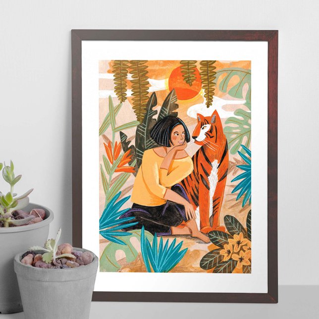 Poster Menina com sol poente de tigre na selva (Criador carregado)