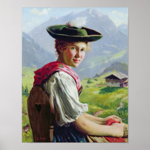 Poster Menina com um chapéu na paisagem da montanha
