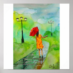 POSTER MENINA COM UM GUARDA-CHUVA VERMELHO