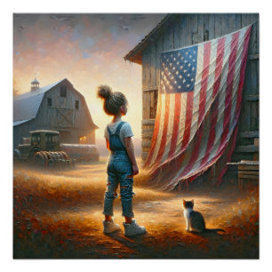 Pôster Menina com uma bandeira americana em um celeiro
