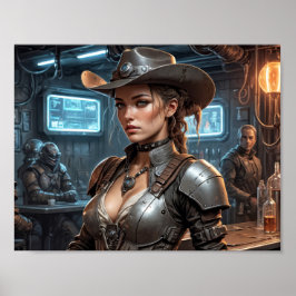 Poster Menina cowboy espacial com armadura cibernética