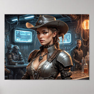 Poster Menina cowboy espacial com armadura cibernética