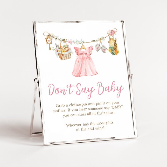Poster Menina Cultivada Localmente Sinal de Não Diga Bebê (Pink Locally Grown Clothesline Baby Shower Don't Say Baby Sign)
