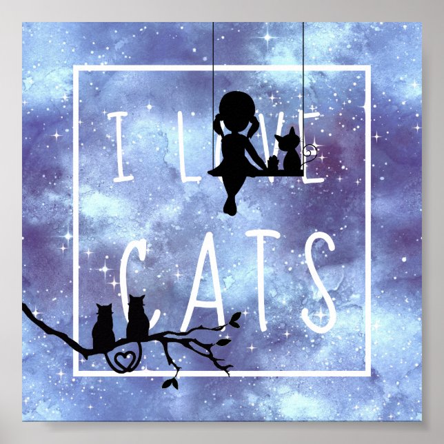 Poster Menina da Galáxia Azul Aquarela Silhueta Gatos Qua (Frente)