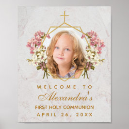 Poster Menina da Primeira Comunhão Foto Orquídeas Rosa Be