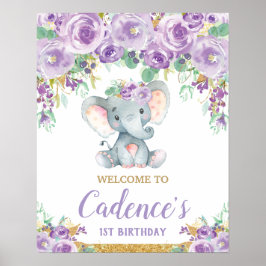 Poster Menina de 1º Aniversário Bem-vinda Elefante Floral