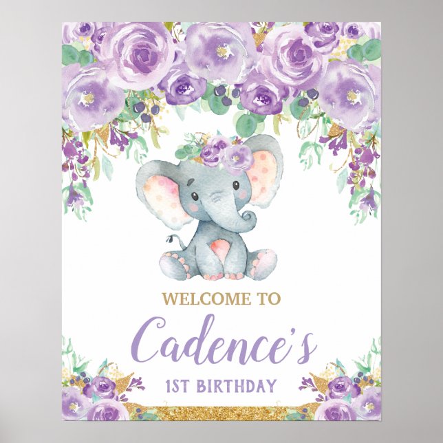 Poster Menina de 1º Aniversário Elefante Floral Roxo Bem- (Frente)