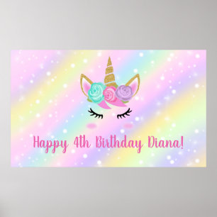Poster Menina de 4 anos de aniversário unicórnio fofo