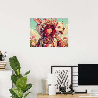 Poster Menina de animação com criatura fantasiosa, postag