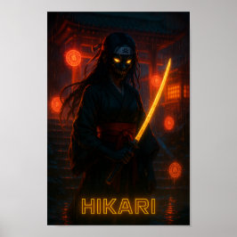 Poster Menina de animação Cyberpunk Escura com uma Katana
