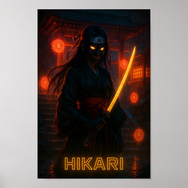 Poster Menina de animação Cyberpunk Escura com uma Katana (Frente)