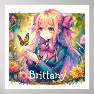 Poster Menina de Animação e Borboleta de Aquarela Persona
