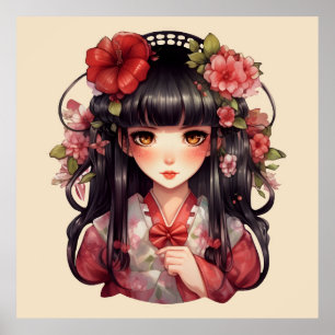 Poster Menina de animação, flores rosa