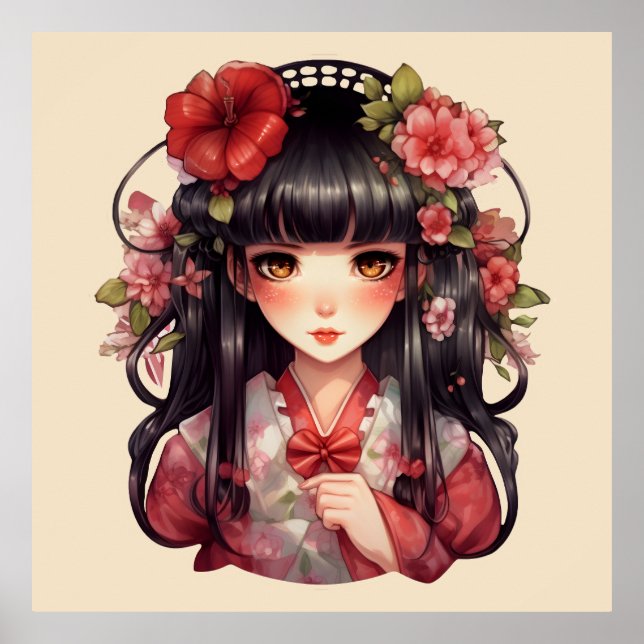 Poster Menina de animação, flores rosa (Frente)