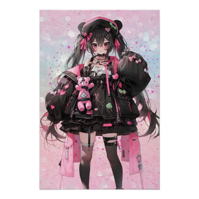 Pôster Menina de animação Kawaii em rosa e vestido preto (Frente)