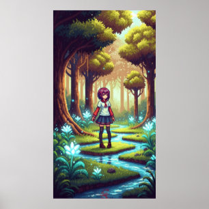 Poster Menina de animação Pixel em uma floresta densa