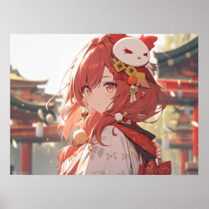 Poster Menina de animação vermelha tradicional no templo