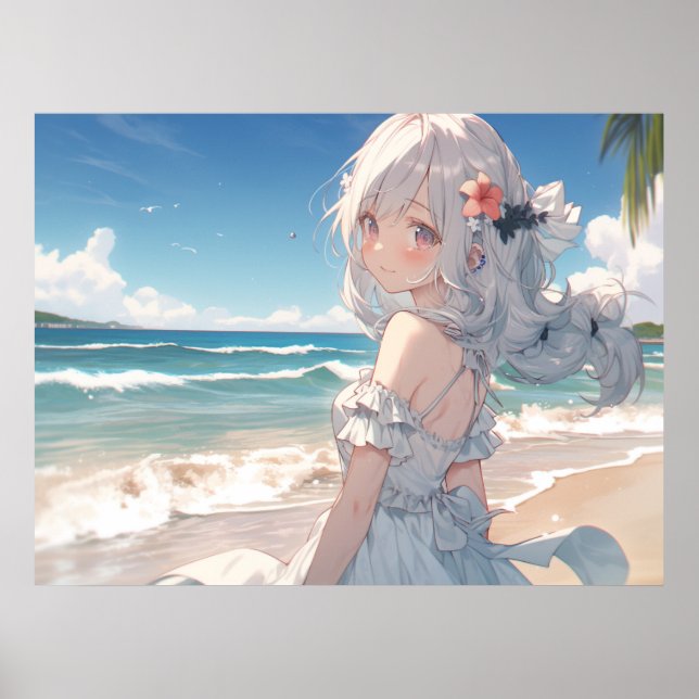 Poster Menina de anime branca e bonita na praia (Frente)