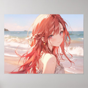 Poster Menina de anime de cabelos vermelhos na praia