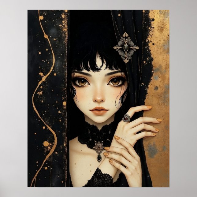 Poster Menina de Anime Gótico Preto e Dourado (Frente)