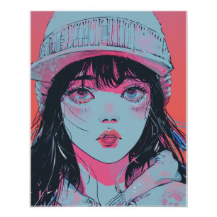 Pôster Menina de Anime Pastel com Arte de Touca