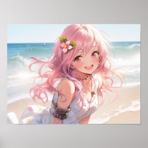 Poster Menina de anime rosa-branca na praia
