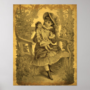 Poster Menina de Arte Vintage com Boneca Envelhecida