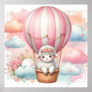 Poster Menina de balão de ar quente com ovelhas