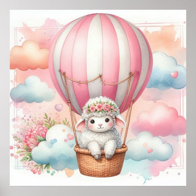 Poster Menina de balão de ar quente com ovelhas (Frente)