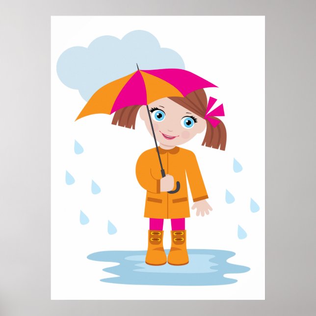 Poster Menina de Casaco Laranja com Guarda-Chuva Rosa (Frente)