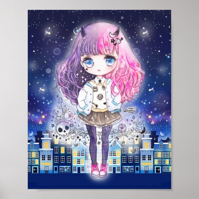 Pôster Menina de chibi bonita numa cidade de estrelas (Frente)