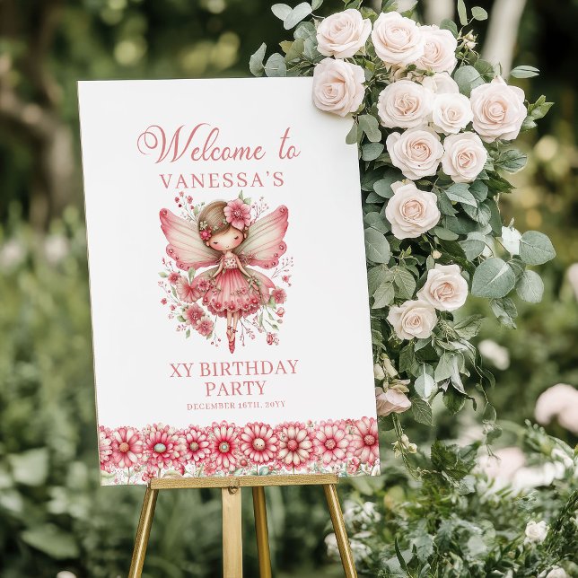 Poster Menina de Conto de Fadas Cumprimentos de Aniversár (Fairytale Fairy Girl Blush Floral Birthday Welcome Sign

)
