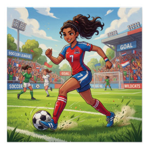 Pôster Menina de Desenho Animado Fofo Jogando Futebol