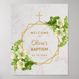 Poster Menina de Flores Batismo Mármore Dourado Lilases B
