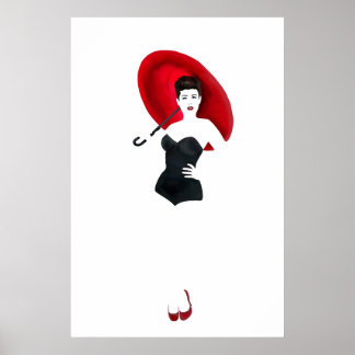Poster Menina de pinos da Vintage - Guarda-chuvas Vermelh