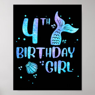 Poster Menina de Quarto Aniversário Sereia 4º Crianças de