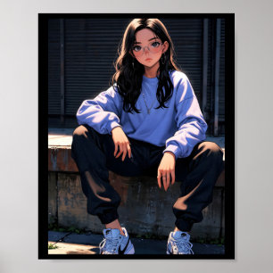 Poster Menina de Roupas de Rua de Anime Retrô Vibrações U